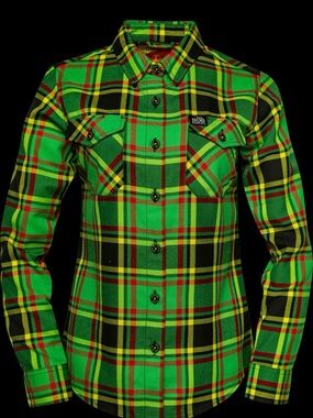 DIXXON BOB MARLEY Green Plaid Button-Down Shirt with Red & Yellow Accents